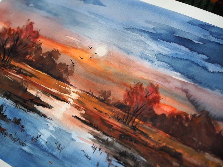 Acrylic Painting of a Sunset Landscape with White Field Flow