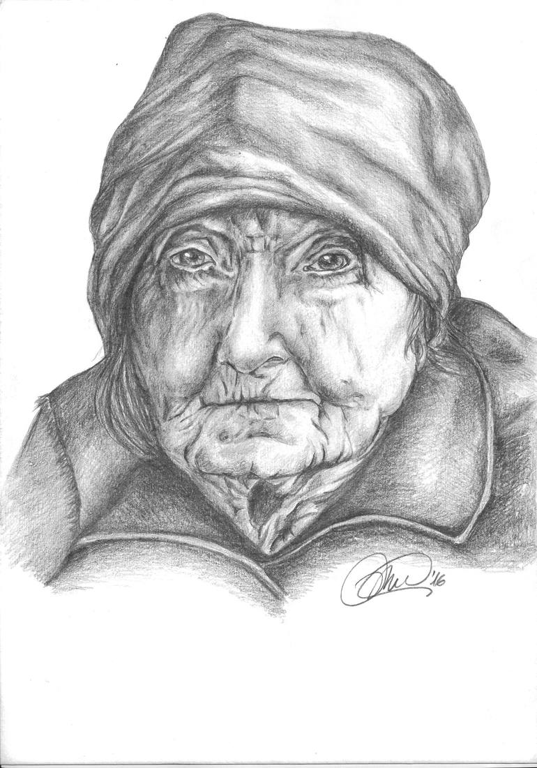 Old Woman In A Babuska Original Ink Drawing By Eclectic Studio