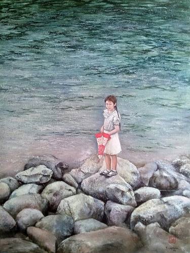 Girl with umbrella in Liyu Lake thumb