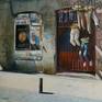 Facade on Calle del Pez in Madrid decorated with trousers filled with soil and plants