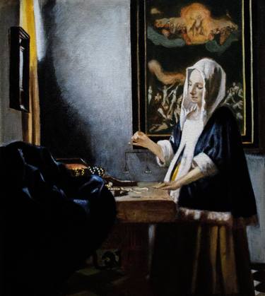 Oil Painting, Woman Holding a Balance  after Johannes Vermeer thumb