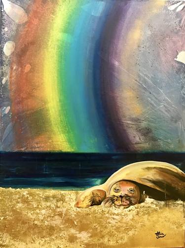 Sleepy Seal on Beach with Rainbow thumb