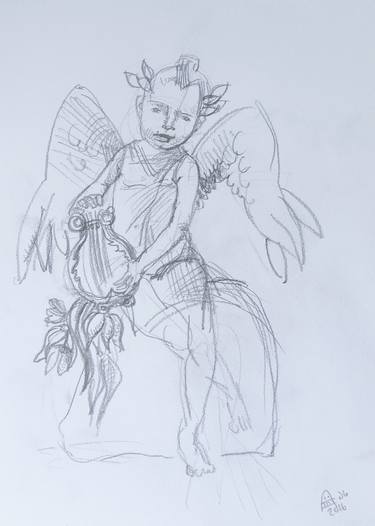 The Angel Of Music Playing Lyre Original Drawing by Alice Iordache thumb