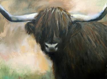 Scottish Highland Cow Portrait, Oil Painting, Rustic Charm thumb