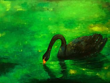 Green oil painting impressionist Large paintings Black Swan oil paintings on canvas Swan art Landscape painting Swan wall art thumb