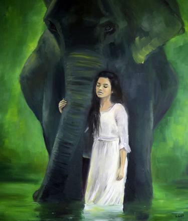 Elephant oil painting Woman painting India thumb