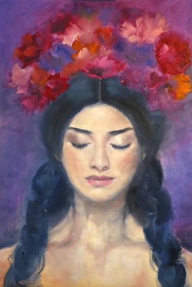 Woman portrait oil painting Flowers painting thumb