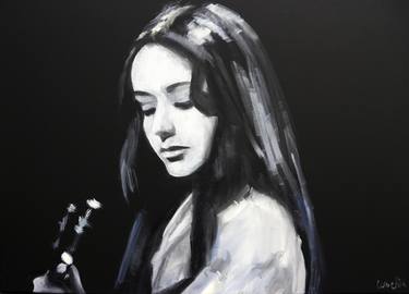 Black and white painting Music painting on canvas Woman with a guitar thumb