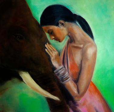 Elephant painting Beautiful woman painting Oil on canvas thumb