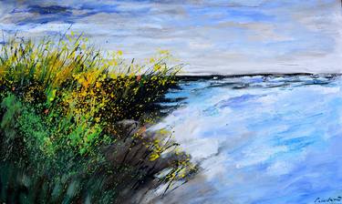 Seascape with wild flowers on the shore thumb