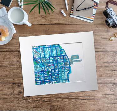 Abstract Map of Downtown Chicago - Horizontal Drawing | Corporate Art | City Life | Urban Art thumb