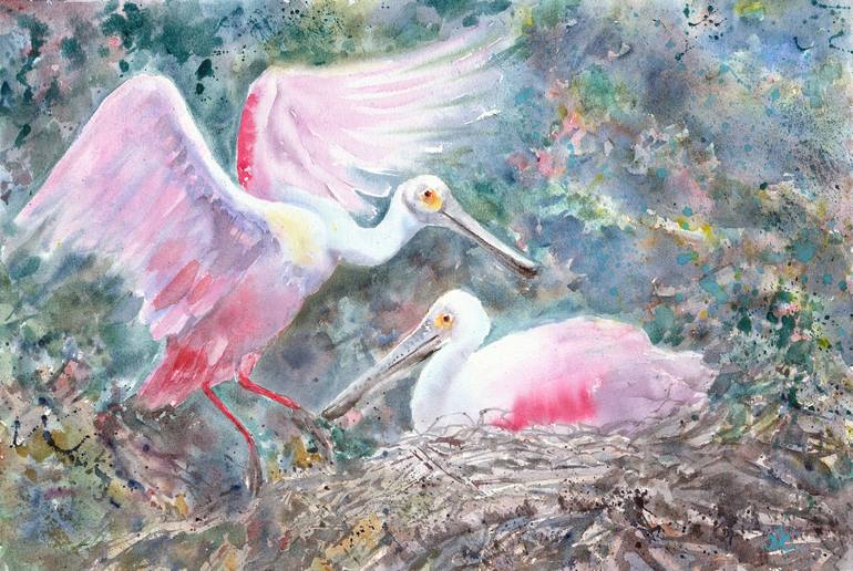 Pair of Roseate spoonbills in the nest Painting by Elena Masterkova ...