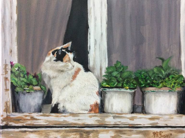 Oil painting of outlet KITTEN in a FALL WINDOW