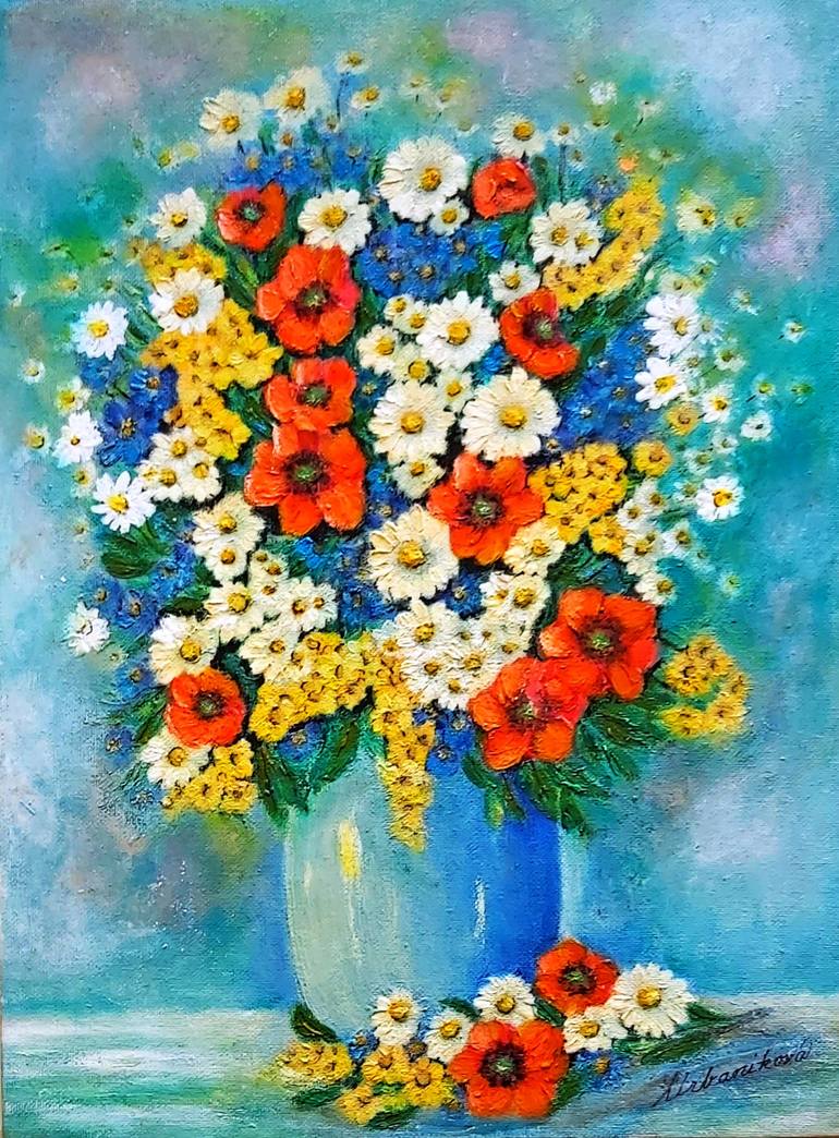 Original Still Life Painting by Emilia Urbanikova | Impressionism Art on Canvas | Bouquet of meadow flowers 9