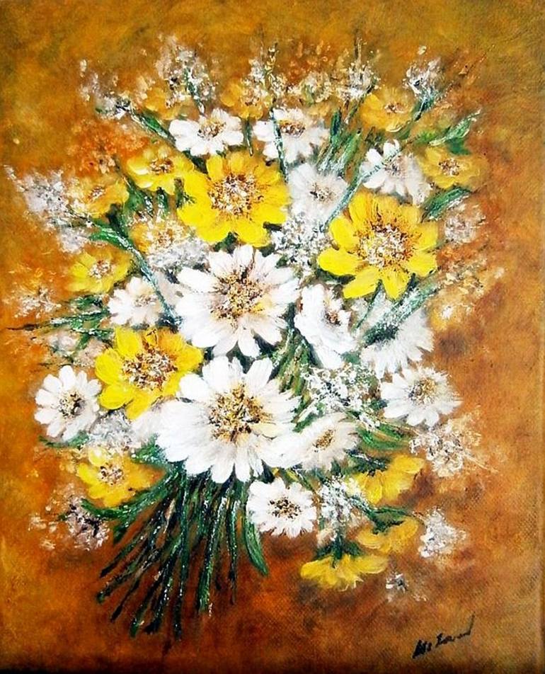 Original Floral Painting by Emilia Urbanikova | Impressionism Art on Canvas | Bouquet of yellow-white flowers..