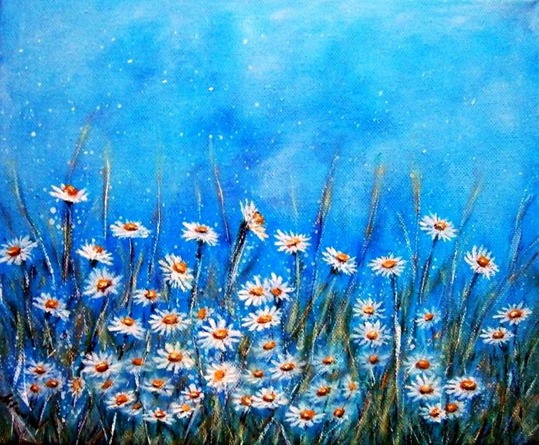 Chamomile flowers - acrylic, flowers, painting, chamomile, chamomile acrylic  painting, small painting Acrylic painting by Anastasia Kozorez