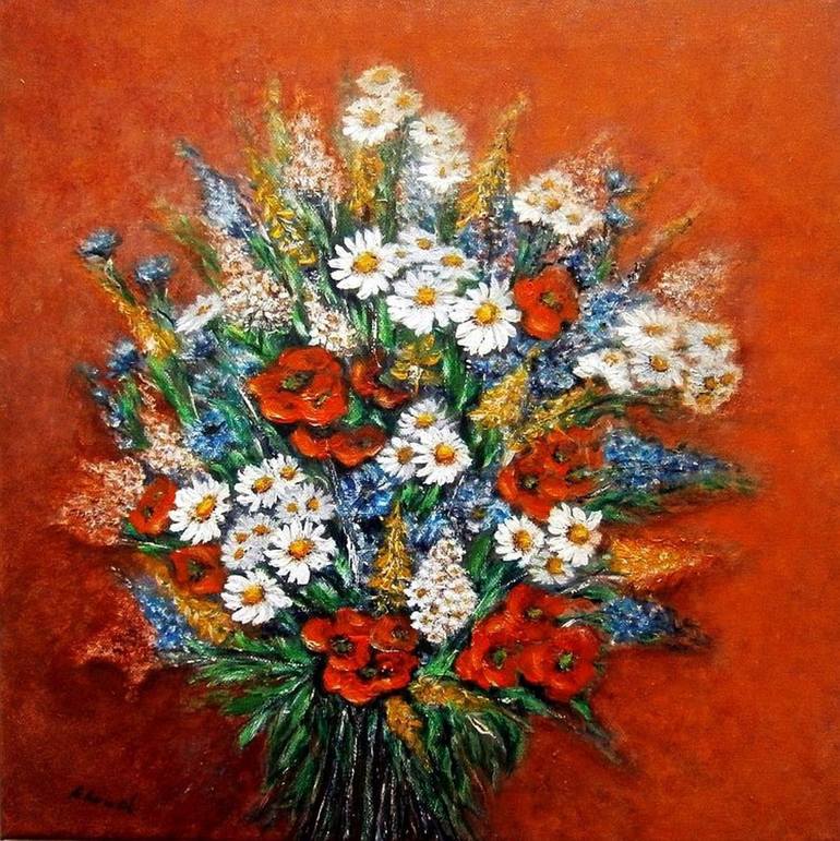 Original Floral Painting by Emilia Urbanikova | Impressionism Art on Canvas | Bouquet of meadow flowers 1 ..