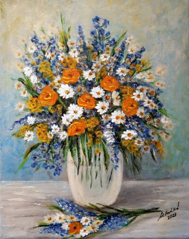 Original Floral Painting by Emilia Urbanikova | Impressionism Art on Canvas | Bouquet of meadow flowers 3