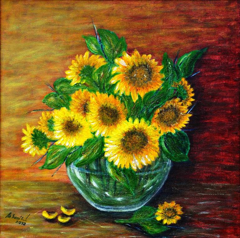 Yellow Sunflowers in Vase hot Impressionism Still life Acrylic Painting.