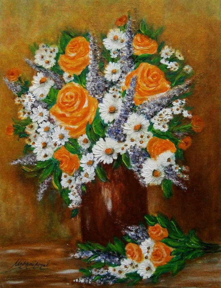 Original Floral Painting by Emilia Urbanikova | Impressionism Art on Other | Bouquet of meadow flowers 10