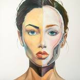 Modern Futuristic Portrait Painting – Human and AI Split Face by Scott Benites