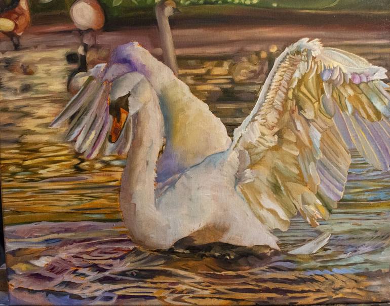 swan flying painting