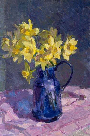 Beautiful Daffodils Narcissuses Original oil painting Yellow Flowers by Lozovoy thumb