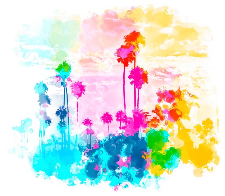 palm tree with colorful painting abstract background in pink blue green red  yellow Mixed Media by Timmy LA | Saatchi Art