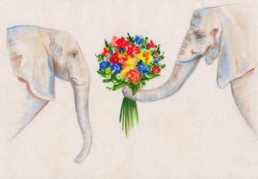 Drawing of two elephants in love with flowers drawn with pencils and watercolor thumb