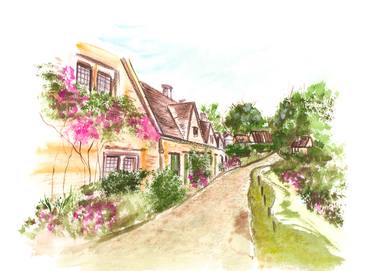 Watercolor painting of a village street with flowers in green trees thumb
