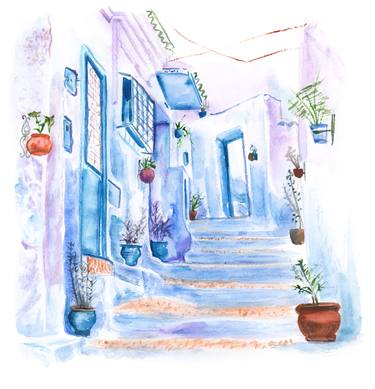 Illustration of watercolor blue city Chefchaouen in Morocco thumb