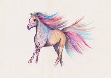 Drawing with color watercolor pencils running horse on paper thumb
