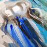 A group of white jellyfish swimming in the blue water of the sea for me is the game between hot and cold colors of my dynamic composition such that creates an elegant effect, symbolizes peace, calm and deepness.

I use high quality color and gallery wrap or gallery wrap style canvas (has staples at the back), the edges are already colored in harmony with the rest of the composition, so it can be hung on the wall already.