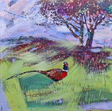 Summer heat - Pheasant bird art / Summer landscape / Original painting / Oak tree and blue sky / Brown field / Impasto style / Birds art thumb