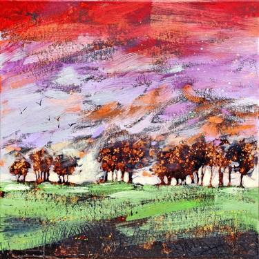 "Flyway" - Autumn birds migration / Original Fall landscape / trees oil painting / falls woodland / green field thumb