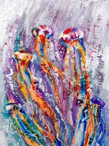 Dancing Jellyfish Painting / animal oil artwork / Purple sea water / Jelly fish light / Underwater life / Ocean creature thumb