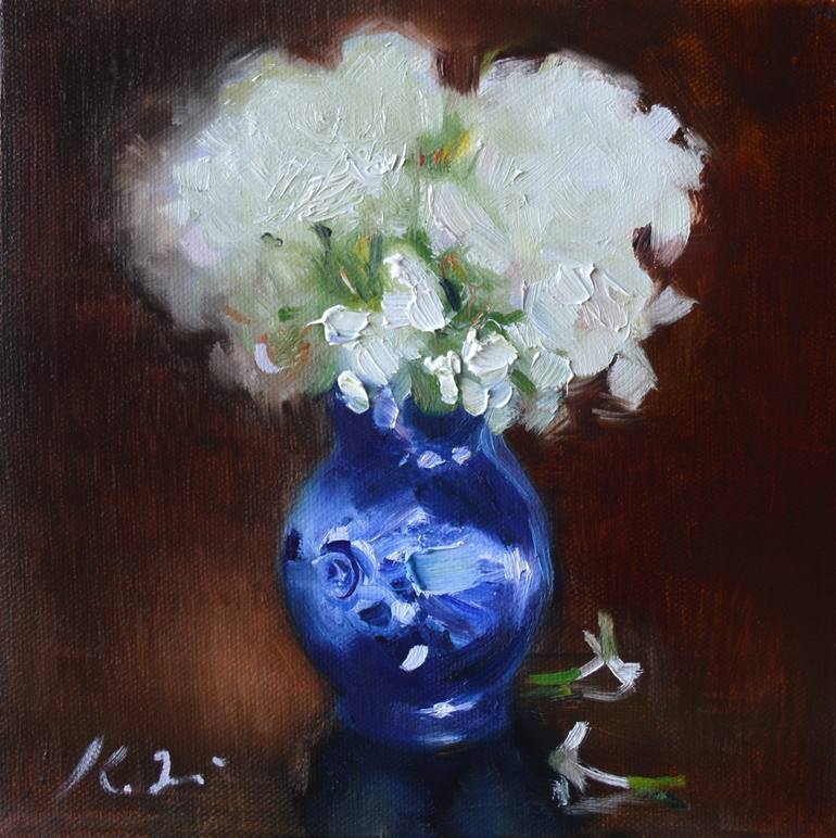 Elektrisk beskæftigelse Stor eg White Flowers in Blue Vase Painting by Katarina Vicenova | Saatchi Art