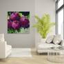 Large mixed media acrylic and oil painting. Floral abstract art depicting purple peonies flowers.