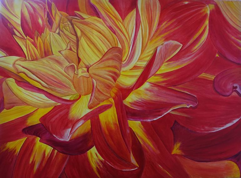 Original Floral Painting by Julie Martin | Other Art on Canvas | Red and Yellow Dahlia
