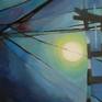 Painting of Sutro Tower in San Francisco. An emotional rendition of the tower and full moon using a limited palette of blues.