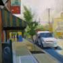 A plein air painting of a city street in Multnomah Village, Portland.