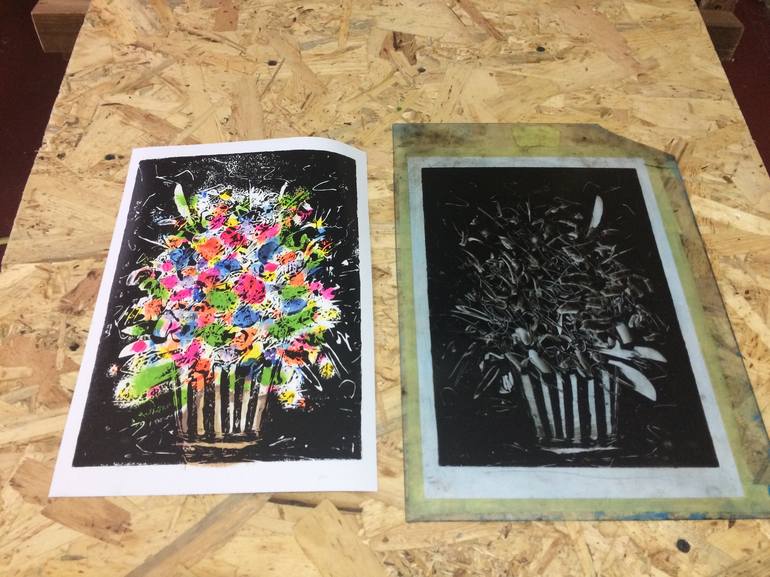 Original Abstract Expressionism Floral Printmaking by V Lishko