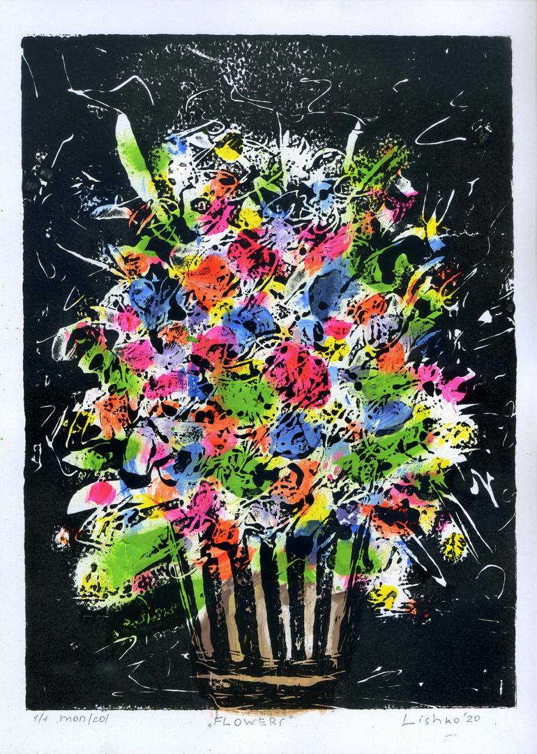 Original Abstract Expressionism Floral Printmaking by V Lishko