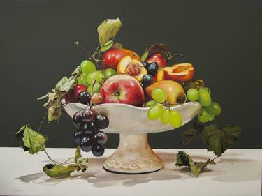 Vintage Bowl With Fruits, Still Life with Apple, Peach, Grapes thumb