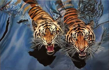 Swimming Tigers Original Oil Painting thumb