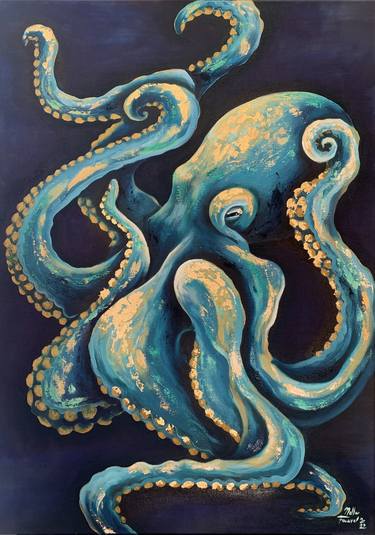 Octopus Blue and Gold Oil painting thumb