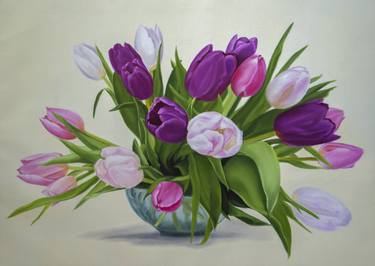 Tulips Painting, Spring Flowers, Still life, Vintage Vase thumb
