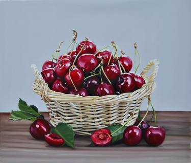 Cherries Painting, Vintage Basket with Cherries thumb