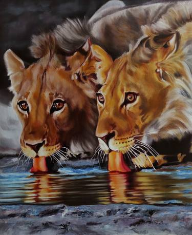 Thurst, Lion Painting, Water Reflections, Wall Decor thumb