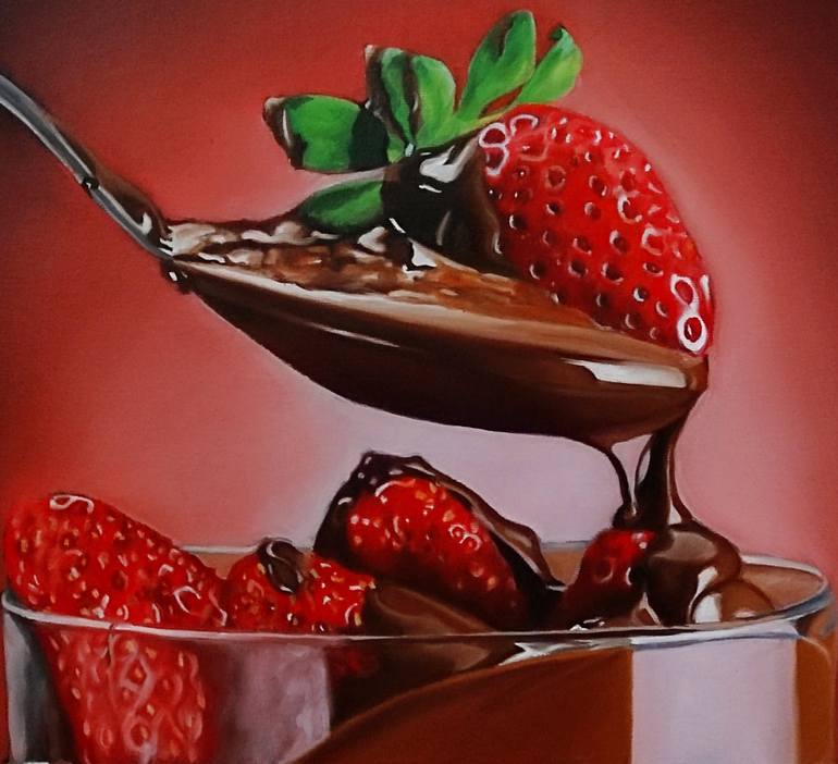 Still life with strawberries and chocolate Painting by Simona Tsvetkova |  Saatchi Art